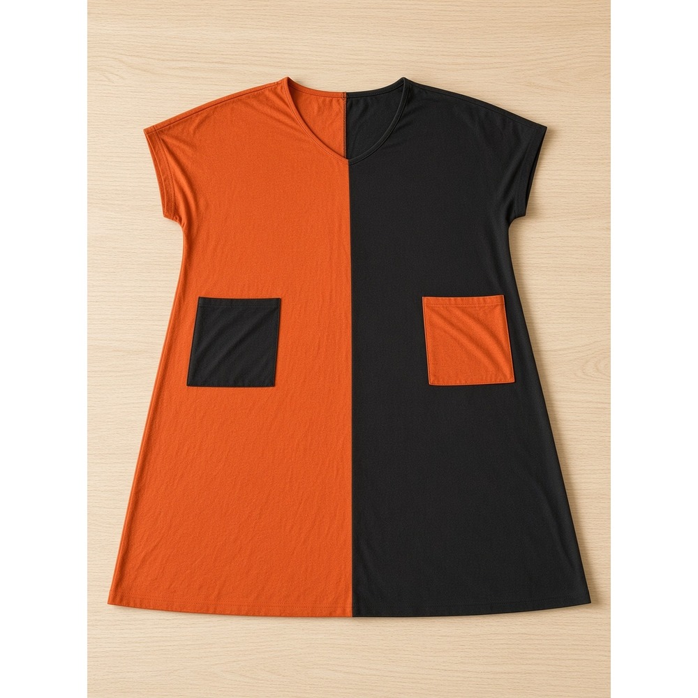 Emery Rose Plus Size 1XL Colorblock Dress Black Orange Patch Pockets S/S